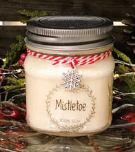Load image into Gallery viewer, Mistletoe soy candle, beautifully scented,  8 oz Mason jar, hand poured cotton wick
