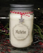 Load image into Gallery viewer, Mistletoe soy candle, beautifully scented,  16 oz Mason jar, hand poured cotton wick