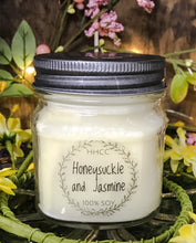 Load image into Gallery viewer, Honeysuckle and Jasmine scented soy candle, 8 oz Mason jar, hand poured cotton wick