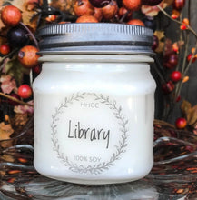 Load image into Gallery viewer, Library soy candle, beautifully scented,  8 oz Mason jar, hand poured cotton wick