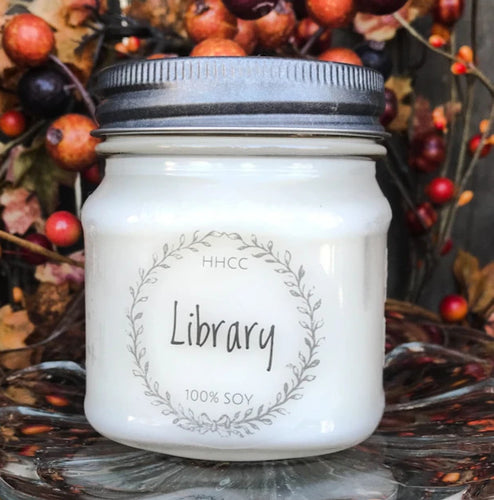 Library soy candle, beautifully scented,  8 oz Mason jar, hand poured cotton wick