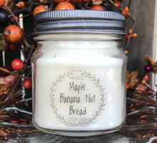 Load image into Gallery viewer, Maple Banana Nut Bread soy candle, beautifully scented,  8 oz Mason jar, hand poured cotton wick