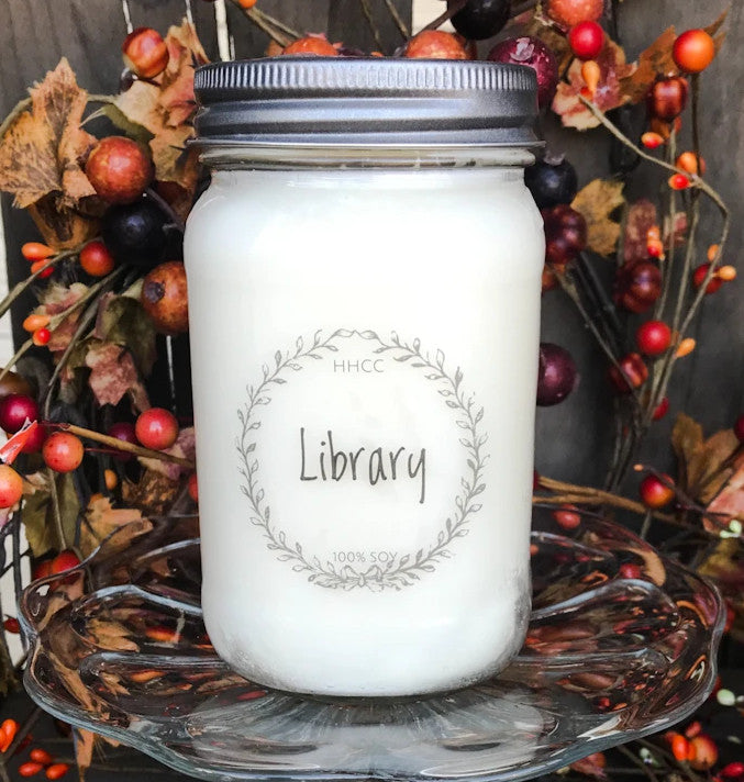Library soy candle, beautifully scented,  16 oz Mason jar, hand poured cotton wick
