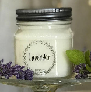 Lavender scented soy candle, 8 oz Mason jar, hand poured cotton wick