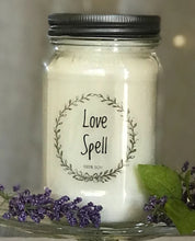 Load image into Gallery viewer, Love Spell soy candle, beautifully scented,  16 oz Mason jar, hand poured cotton wick