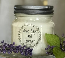 Load image into Gallery viewer, White Sage and Lavender soy candle, beautifully scented,  8 oz Mason jar, hand poured cotton wick