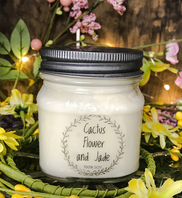 Cactus Flower and Jade soy candle in 8 oz Mason jar, hand poured cotton wick