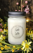 Load image into Gallery viewer, Cafe Latte soy candle in 16 oz Mason jar, hand poured cotton wick