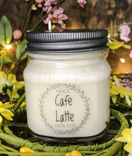Load image into Gallery viewer, Cafe Latte soy candle in 8 oz Mason jar, hand poured cotton wick