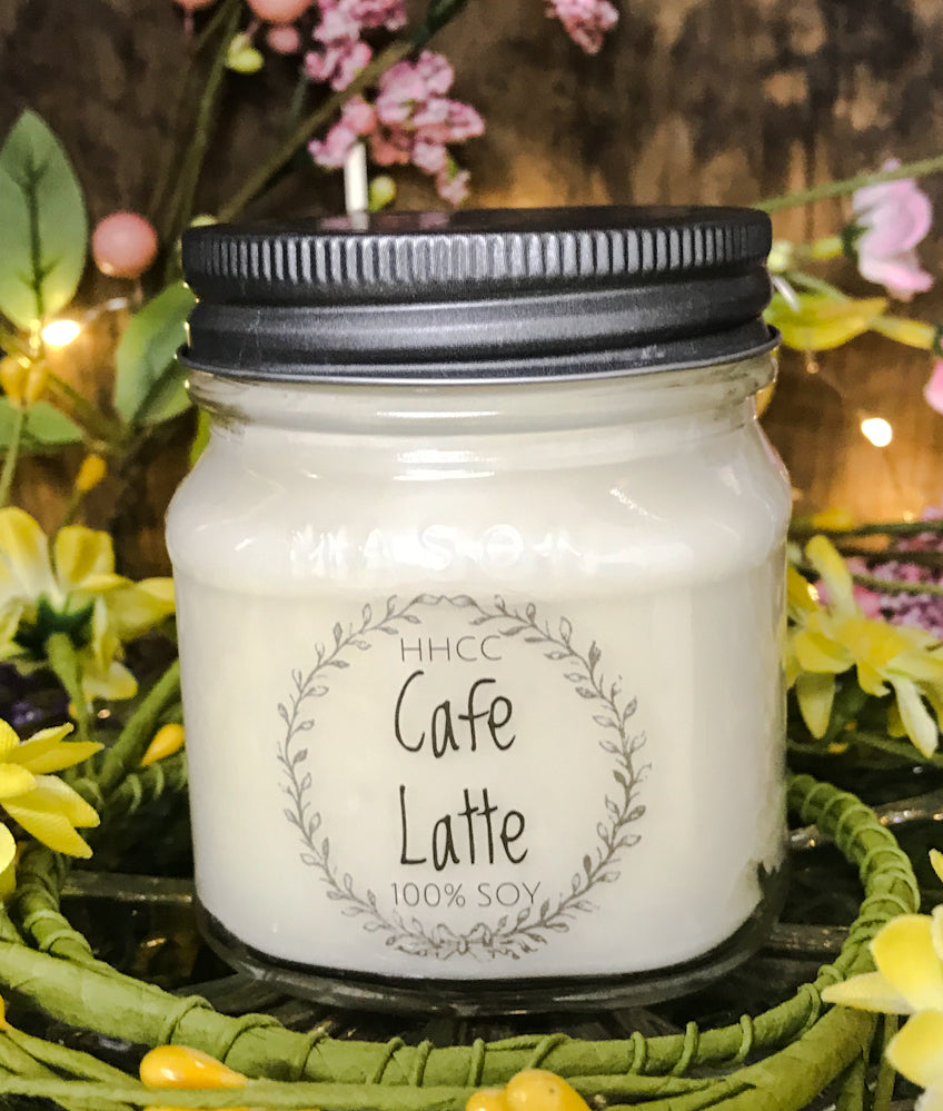 Cafe Latte soy candle in 8 oz Mason jar, hand poured cotton wick