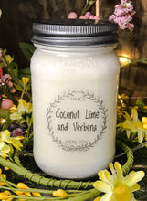 Load image into Gallery viewer, Coconut Lime Verbena  soy candle in 16 oz Mason jar, hand poured cotton wick