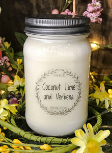 Coconut Lime Verbena  soy candle in 16 oz Mason jar, hand poured cotton wick