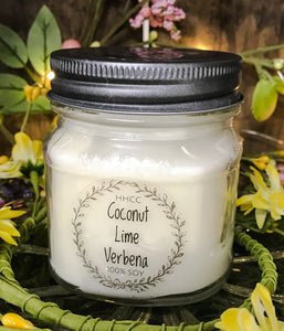 Coconut Lime Verbena  soy candle in 8 oz Mason jar, hand poured cotton wick
