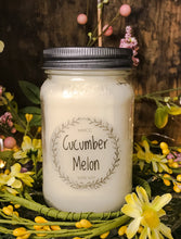 Load image into Gallery viewer, Cucumber Melon soy candle in 16 oz Mason jar, hand poured cotton wick