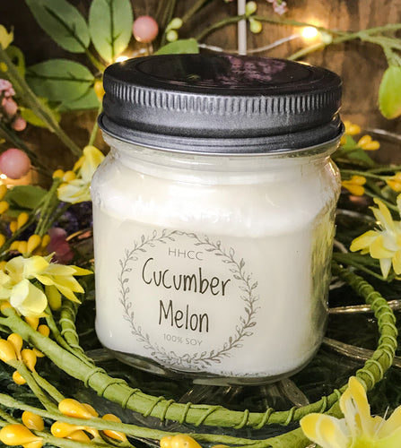 Cucumber Melon soy candle in 8 oz Mason jar, hand poured cotton wick