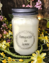 Load image into Gallery viewer, Honeysuckle and Jasmine scented soy candle, 16 oz Mason jar, hand poured cotton wick