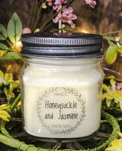 Load image into Gallery viewer, Honeysuckle and Jasmine scented soy candle, 8 oz Mason jar, hand poured cotton wick 