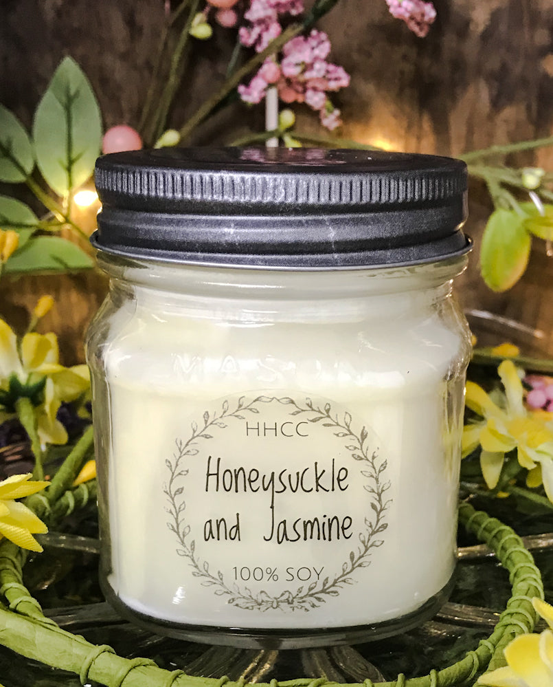 Honeysuckle and Jasmine scented soy candle, 8 oz Mason jar, hand poured cotton wick 