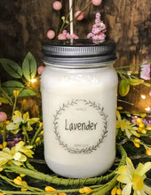 Load image into Gallery viewer, Lavender scented soy candle, 16 oz Mason jar, hand poured cotton wick