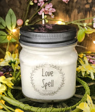 Load image into Gallery viewer, Love Spell soy candle, beautifully scented,  8 oz Mason jar, hand poured cotton wick