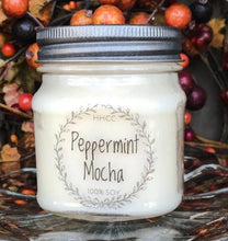 Load image into Gallery viewer, Peppermint Mocha soy candle, beautifully scented,  8 oz Mason jar, hand poured cotton wick