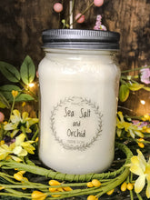 Load image into Gallery viewer, Sea Salt and Orchid soy candle, beautifully scented,  16 oz Mason jar, hand poured cotton wick