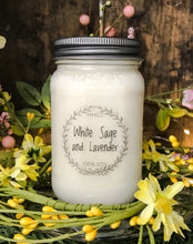 Load image into Gallery viewer, White Sage and Lavender soy candle, beautifully scented,  16 oz Mason jar, hand poured cotton wick